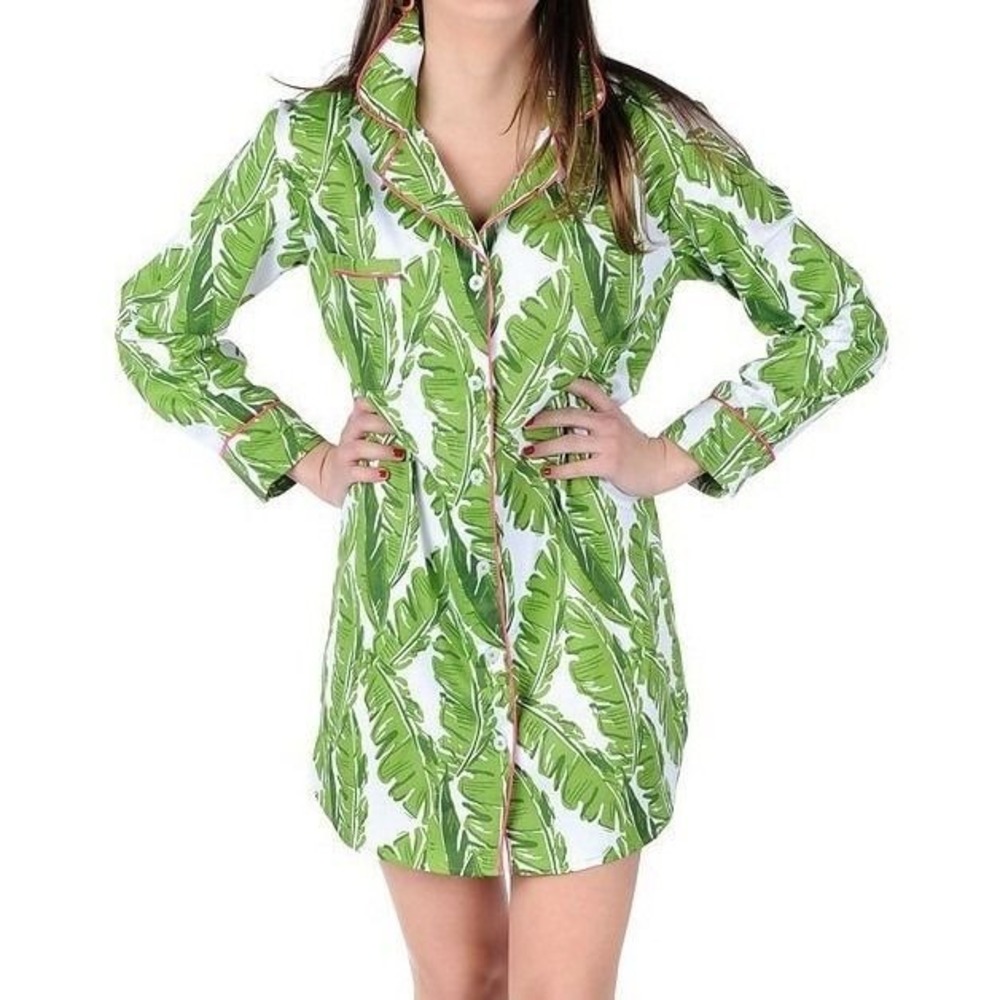 Jayes Studio Banana Leaf Print Sleep Shirt Green White Pink Piping XXS 00-0 - Picture 3 of 8